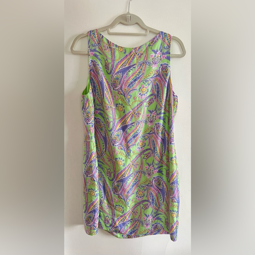 Ralph Lauren Green Multicolor 100% Silk Paisley Floral Boatneck Dress Size 14